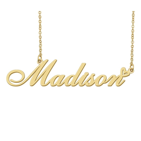 HUAN XUN Madison Name Heart Necklace 18k Gold Plated Nameplate Pendant Necklace Stainless Steel Jewelry for Womens Birthday Gifts