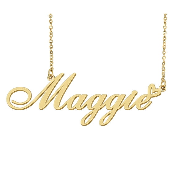 HUAN XUN Maggie Name Heart Necklace 18k Gold Plated Nameplate Pendant Necklace Stainless Steel Jewelry for Womens Birthday Gifts
