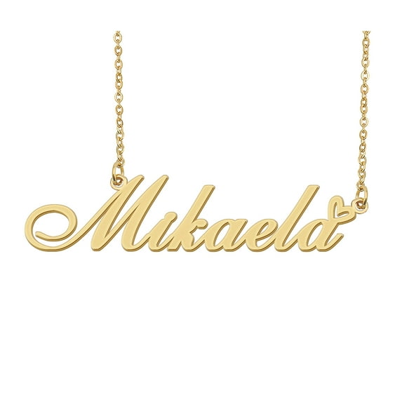 HUAN XUN Mikaela Name Heart Necklace 18k Gold Plated Nameplate Pendant Necklace Stainless Steel Jewelry for Womens Birthday Gifts