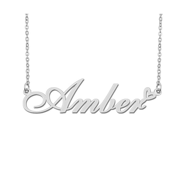 HUAN XUN Silver Amber Name Necklace Stainless Steel Heart Nameplate Pendant Necklace Jewelry for Womens Moms