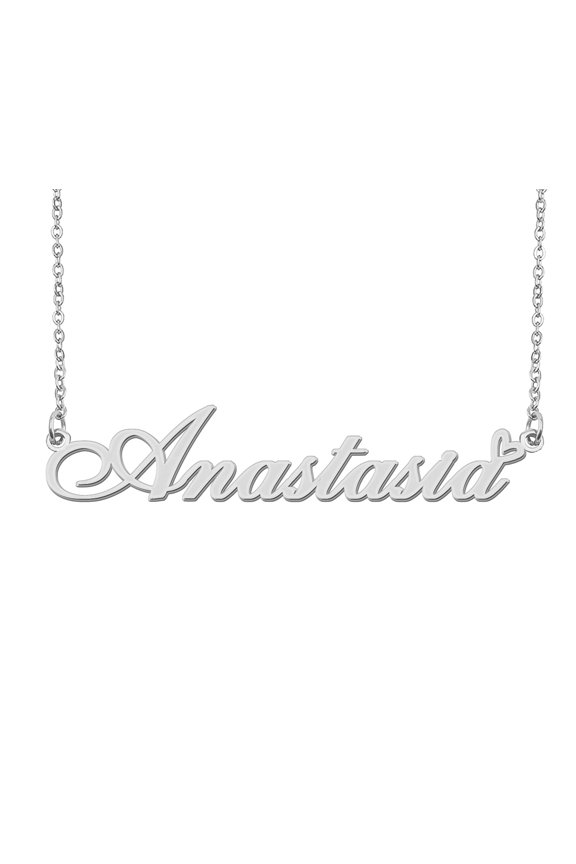 Silver Anastasia Name Necklace Stainless Steel Heart Nameplate Pendant Necklace Jewelry for Womens Moms