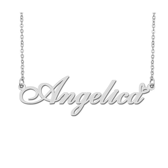 HUAN XUN Silver Angelica Name Necklace Stainless Steel Heart Nameplate Pendant Necklace Jewelry for Womens Moms