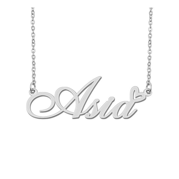 HUAN XUN Silver Asia Name Necklace Stainless Steel Heart Nameplate Pendant Necklace Jewelry for Womens Moms