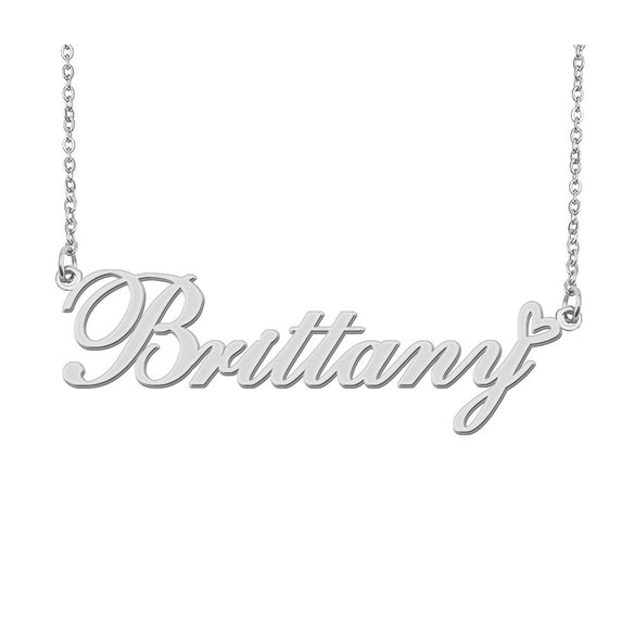 HUAN XUN Silver Brittany Name Necklace Stainless Steel Heart Nameplate Pendant Necklace Jewelry for Womens Moms