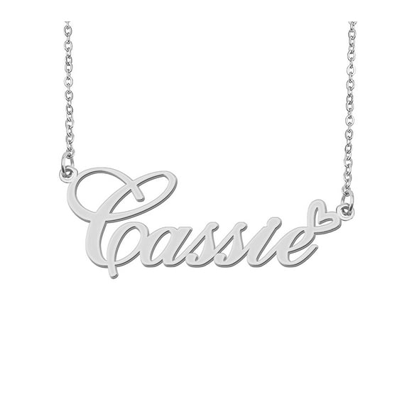 HUAN XUN Silver Cassie Name Necklace Stainless Steel Heart Nameplate Pendant Necklace Jewelry for Womens Moms