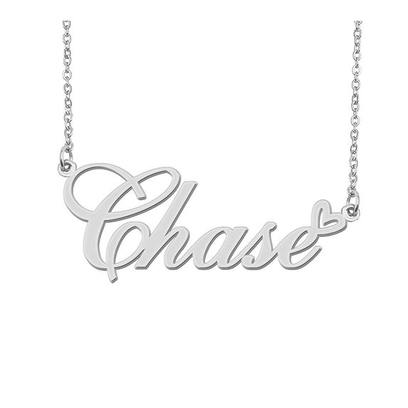 HUAN XUN Silver Chase Name Necklace Stainless Steel Heart Nameplate Pendant Necklace Jewelry for Womens Moms