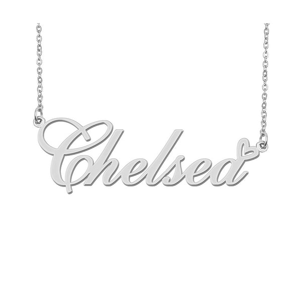 HUAN XUN Silver Chelsea Name Necklace Stainless Steel Heart Nameplate Pendant Necklace Jewelry for Womens Moms