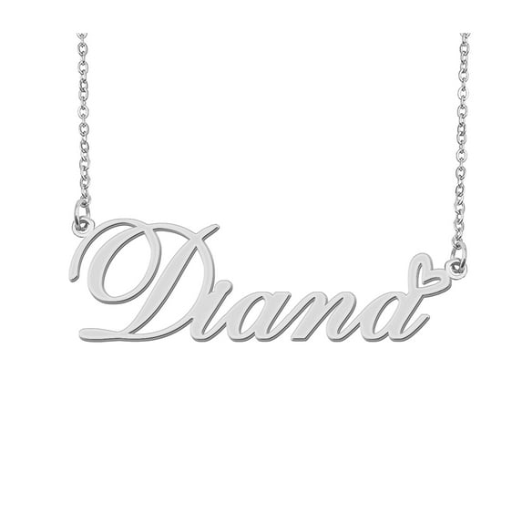 HUAN XUN Silver Diana Name Necklace Stainless Steel Heart Nameplate Pendant Necklace Jewelry for Womens Moms