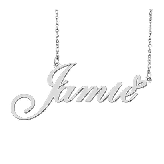 HUAN XUN Silver Jamie Name Necklace Stainless Steel Heart Nameplate Pendant Necklace Jewelry for Womens Moms