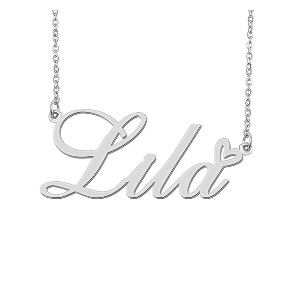 HUAN XUN Silver Lila Name Necklace Stainless Steel Heart Nameplate Pendant Necklace Jewelry for Womens Moms
