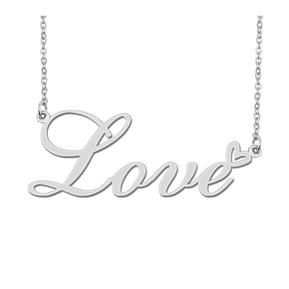 HUAN XUN Silver Love Name Necklace Stainless Steel Heart Nameplate Pendant Necklace Jewelry for Womens Moms