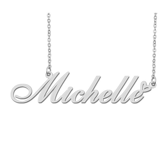 HUAN XUN Silver Michelle Name Necklace Stainless Steel Heart Nameplate Pendant Necklace Jewelry for Womens Moms