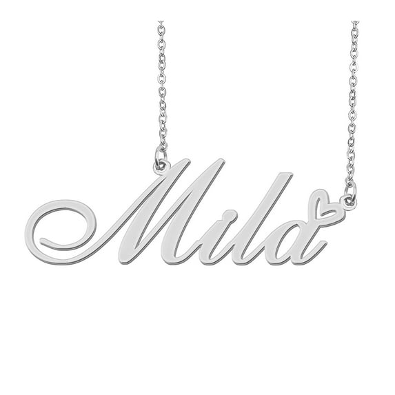 HUAN XUN Silver Mila Name Necklace Stainless Steel Heart Nameplate Pendant Necklace Jewelry for Womens Moms