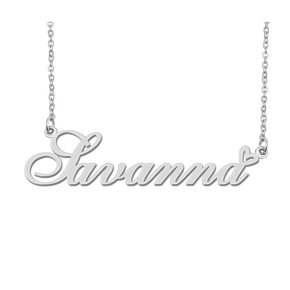 HUAN XUN Silver Savanna Name Necklace Stainless Steel Heart Nameplate Pendant Necklace Jewelry for Womens Moms