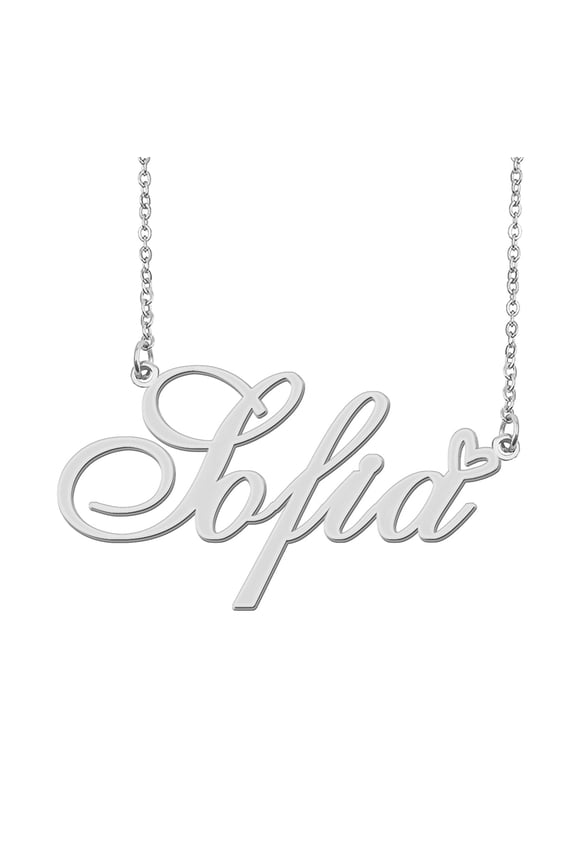 Silver Sofia Name Necklace Stainless Steel Heart Nameplate Pendant Necklace Jewelry for Womens Moms