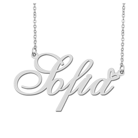 HUAN XUN Silver Sofia Name Necklace Stainless Steel Heart Nameplate Pendant Necklace Jewelry for Womens Moms