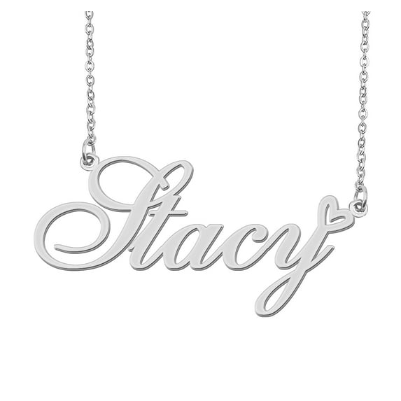 HUAN XUN Silver Stacy Name Necklace Stainless Steel Heart Nameplate Pendant Necklace Jewelry for Womens Moms