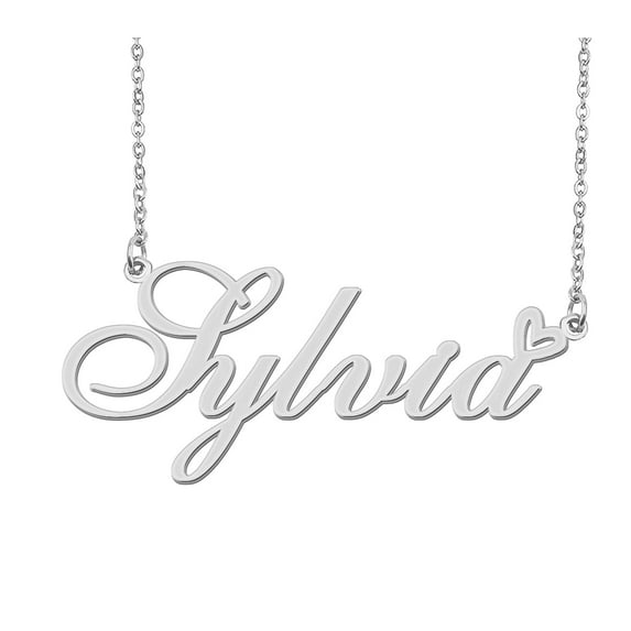 HUAN XUN Silver Sylvia Name Necklace Stainless Steel Heart Nameplate Pendant Necklace Jewelry for Womens Moms