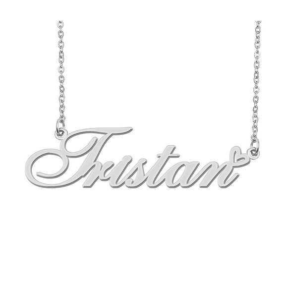 HUAN XUN Silver Tristan Name Necklace Stainless Steel Heart Nameplate Pendant Necklace Jewelry for Womens Moms