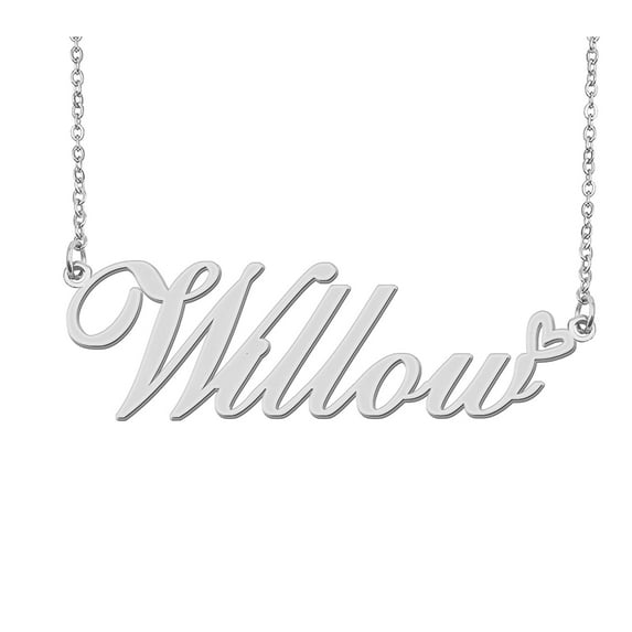 HUAN XUN Silver Willow Name Necklace Stainless Steel Heart Nameplate Pendant Necklace Jewelry for Womens Moms