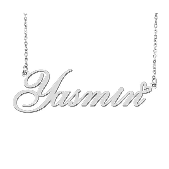 HUAN XUN Silver Yasmin Name Necklace Stainless Steel Heart Nameplate Pendant Necklace Jewelry for Womens Moms