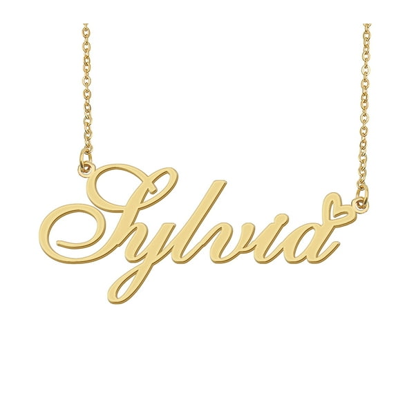 HUAN XUN Sylvia Name Heart Necklace 18k Gold Plated Nameplate Pendant Necklace Stainless Steel Jewelry for Womens Birthday Gifts