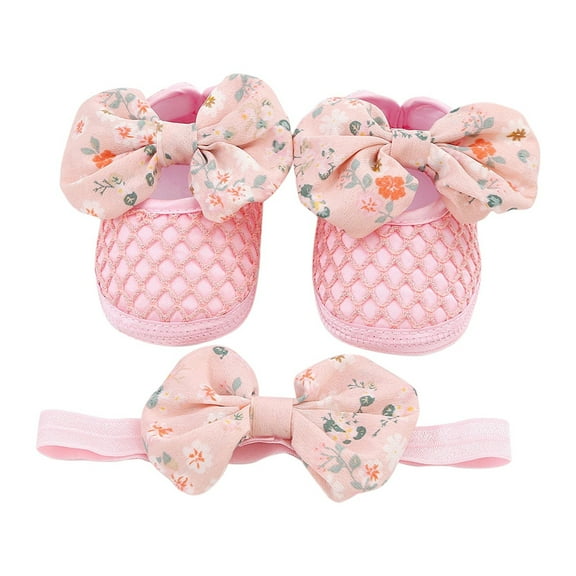 HUANBAI 0 To 1 Year Old Baby Shoes Hair Band Set Cute Bow Princess Shoes 3 5 7 9 Months Soft Soled Walking Shoes 0-3 Months