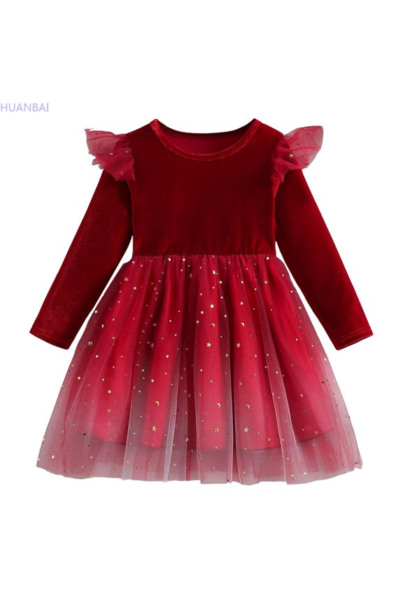 AToddler Tutu Dresses Little Girls Velvet Tule Fall Winter Long Sleeve Ruffle Holiday Party Dress Little Girl Floral Dress 4-5 Years