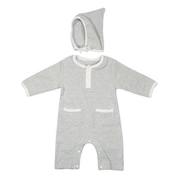 HUANBAI Baby Boys Girls Jumpsuit Soft Striped Long Sleeve Round Neck Button Down Romper With Pocket For 0 18 Months Everyday Home Wear 6-12 Months