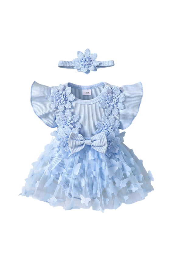 Baby Girls' Mesh & Ribbed Crawling Suit With 3D Butterfly Applique Summer Fly Sleeve Romper For Toddler 6-9 Months
