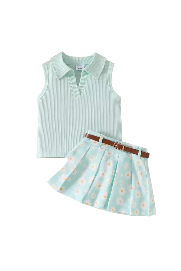 Baby Sleeveless Temperament Blouse Pleated Skirt And Belt For Girls Baby Three Sets 12-18 Months