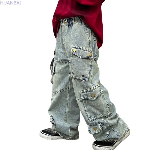HUANBAI Boys Cargo Jogger Pants High Street Loose Fit Denim Trousers For Kids And Youth Casual Streetwear Fashion Casual Pants for Boys 13-14 Years