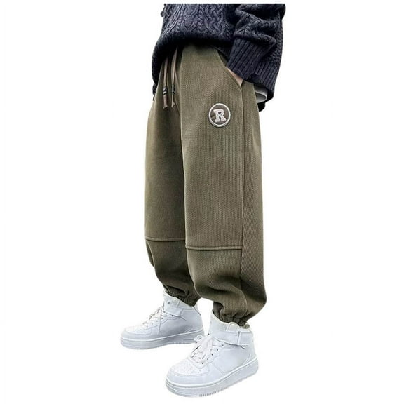 HUANBAI Boys Pants Drawstring Elastic Sweatpants Active Joggers Warm Sweatpants For Kids 8-9 Years
