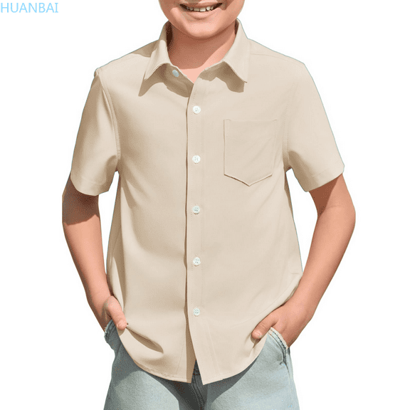 HUANBAI Boys Short Sleeve Dress Shirts Kids Summer School Uniform Button Down Shirt 5-6 Years