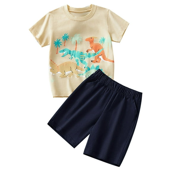 HUANBAI Boys Summer Outfits Casual Short Sleeve Shorts Set With Print Comfortable Playwear For Toddlers Ages 3 8 140