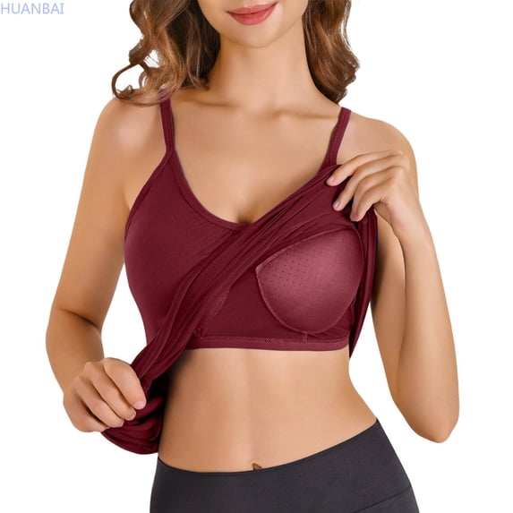 HUANBAI Camisole For Women Built In Bra Tank Tops Plus Size Flowy Adjustable Spaghetti Strap Tanks Pleated Loose Vest Basic Sleeveless Tank Tops