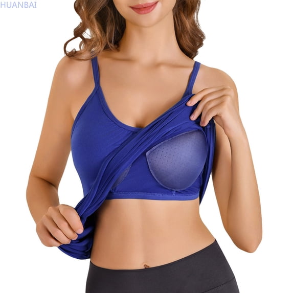 HUANBAI Camisole For Women Built In Bra Tank Tops Plus Size Flowy Adjustable Spaghetti Strap Tanks Pleated Loose Vest Basic Sleeveless Tank Tops