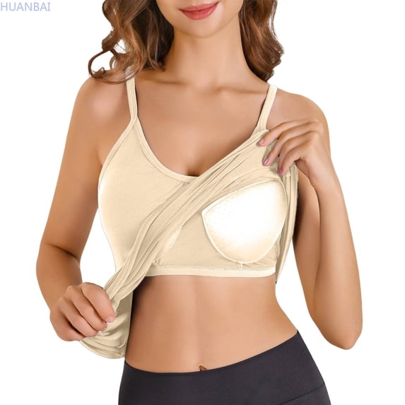 HUANBAI Camisole For Women Built In Bra Tank Tops Plus Size Flowy Adjustable Spaghetti Strap Tanks Pleated Loose Vest Basic Sleeveless Tank Tops