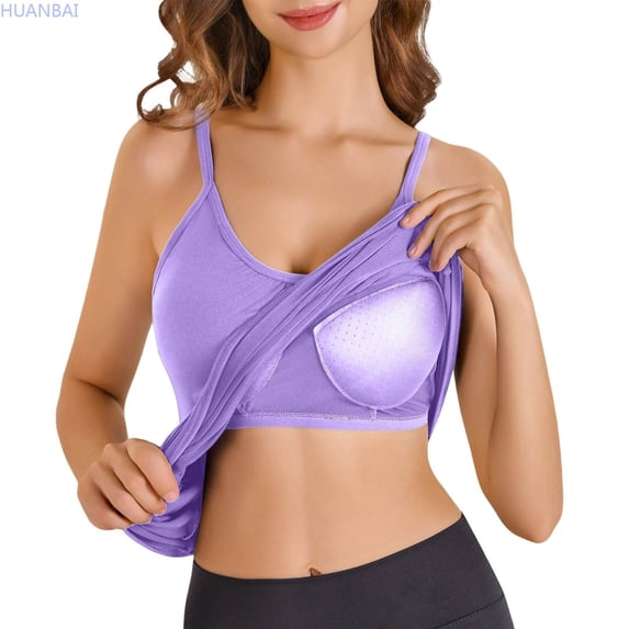 HUANBAI Camisole For Women Built In Bra Tank Tops Plus Size Flowy Adjustable Spaghetti Strap Tanks Pleated Loose Vest Basic Sleeveless Tank Tops