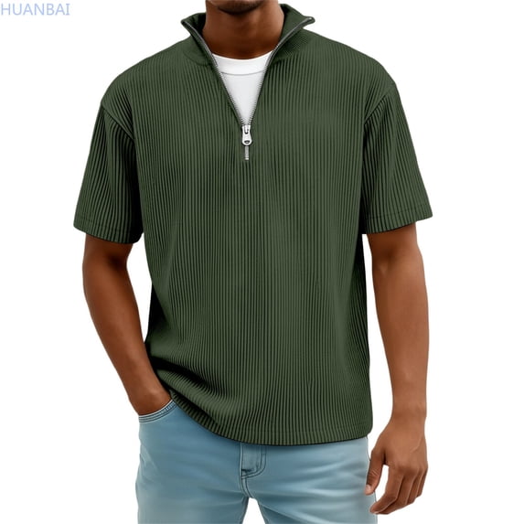HUANBAI Casual Short Sleeve Shirt With Zipper Placket And Striped Design For Daily Wear And Outdoor Activities