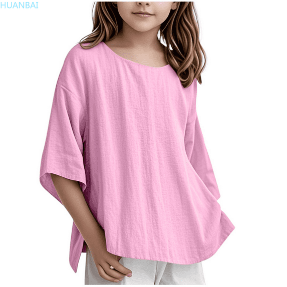 HUANBAI Children Girls' Shirt 3/4 Sleeve Linen Blouse Leisure Top Elegant Top Girls T Shirt Crew Neck Plain Blouse 3 15 Years Summer Blouse for Girls 7-8 Years