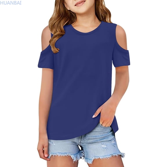 HUANBAI Children Kids Girls Short Sleeve Shirts Cute Crew Neck Cold Shoulder Tee Top Crewneck Basic Tees 3-4 Years