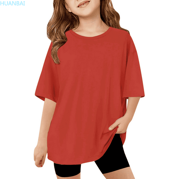 HUANBAI Children Kids Girls Short Sleeve T Shirts Kids Summer Oversized Tops Casual Crewneck Basic Tees Summer Blouse for Girls 5-6 Years