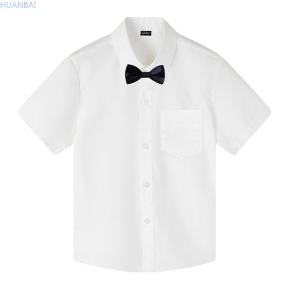 HUANBAI Children's Short Sleeved Boys Summer Short Sleeved White Shirt Watch Performance Clothes Pure White Shirt Boys Casual Tops 130
