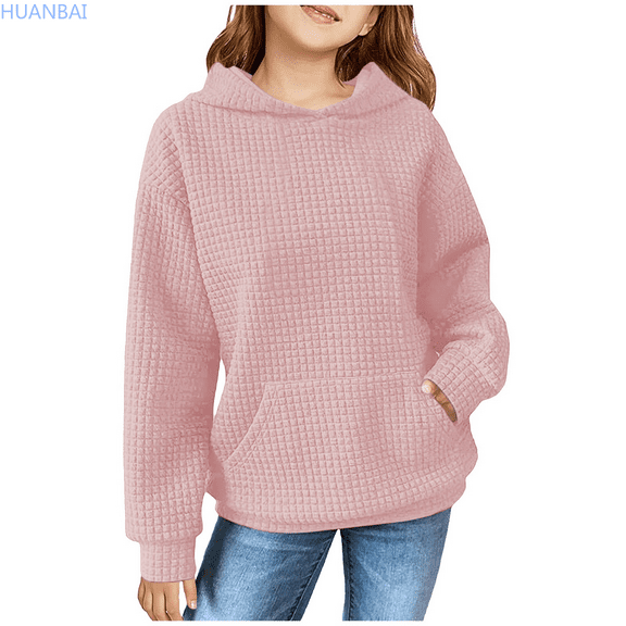 HUANBAI Children's Solid Color Hooded Silk Checked Top Coat Sweatshirts Pullover Tops 120