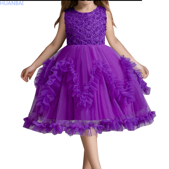 HUANBAI Children's Solid Color Irregular Mesh Lace Knee Length Wedding Dress Puffy Dress Princess Skirt T-Shirt Dress 2-3 Years