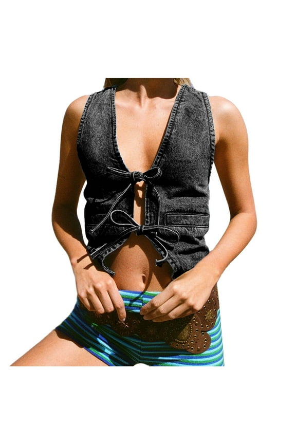Cropped Vest For Women Denim Vest Deep V Neck Tie Up Front Sleeveless Jean Tank Top Low Cut Tight Fit Vest Slim Fitted Camisole
