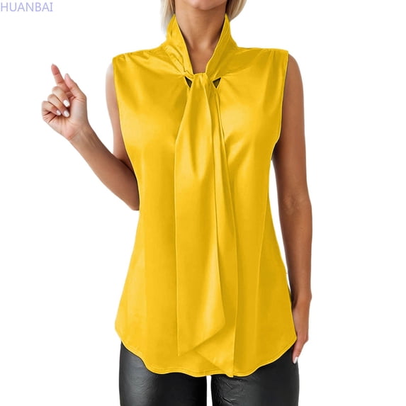 HUANBAI Elegant Satin Camisole Top For Bow Tie Detail Casual Sleeveless Blouse Soft V Neck Tank Casual Shirts