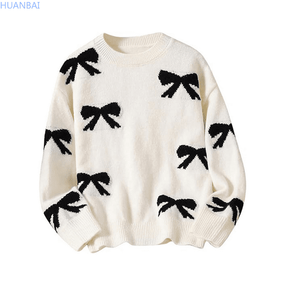 HUANBAI Girl's Cute Bow Sweater Crew Neck Long Sleeve Drop Shoulder Loose Pullover Tops Solid Color Sweaters 4 Years