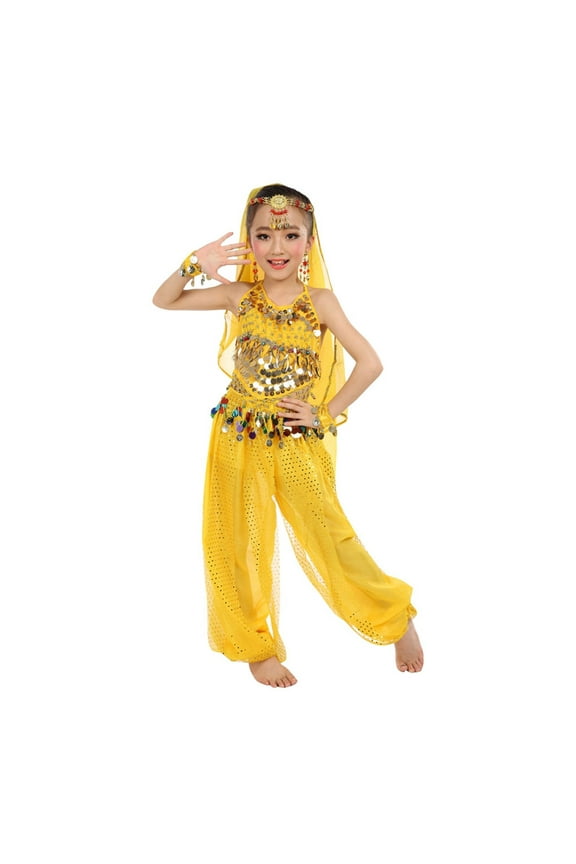 Girl's Cute Dance Children's Dance Show Belly Dance Sequin Mesh Set 9-10 Years